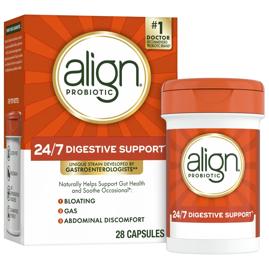 Align Probiotic 24/7 Digestive Support box and bottle, 28 capsules