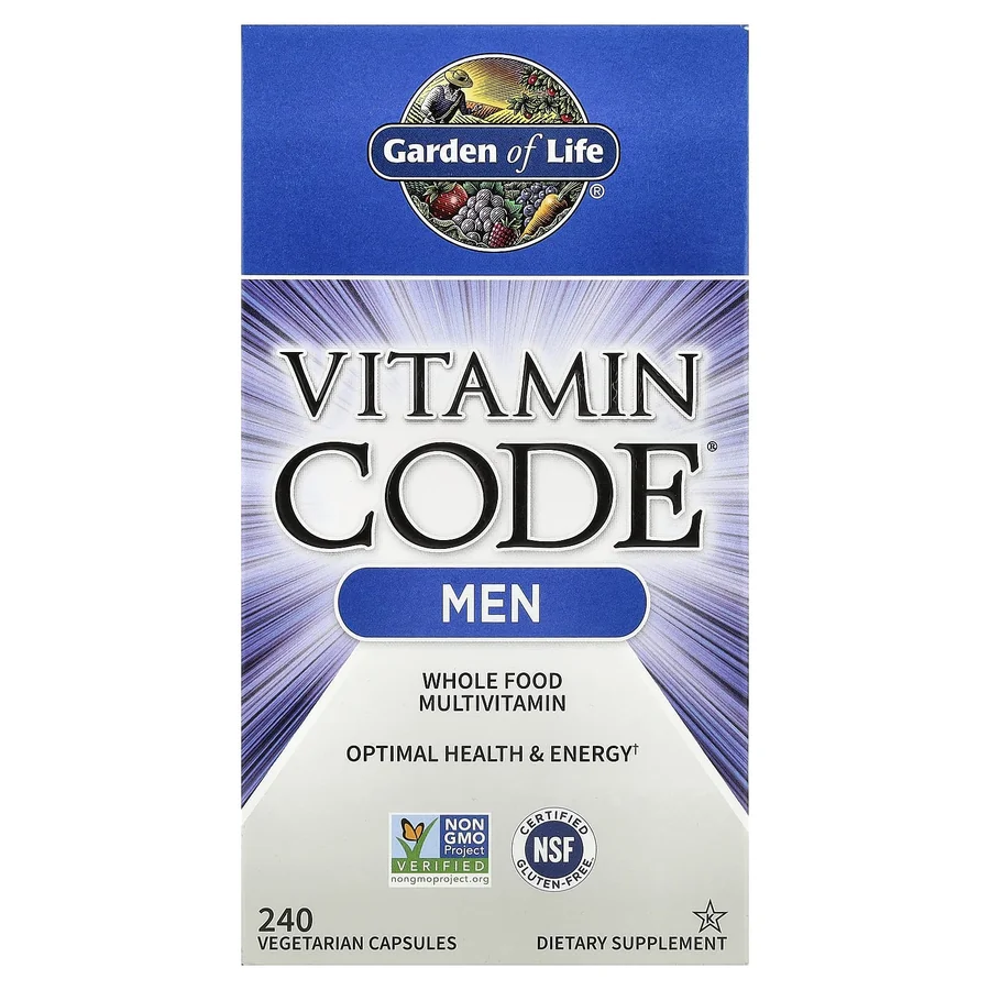 Garden of Life Vitamin Code Men whole food multivitamin box, 240 vegetarian capsules, showing Non-GMO Project Verified and NSF Certified Gluten-Free seals