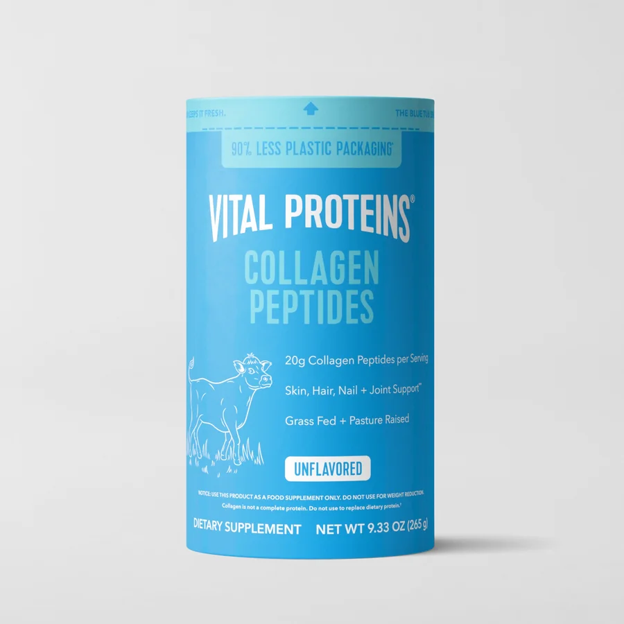 Vital Proteins Collagen Peptides unflavored tub, showing 20g collagen peptides per serving on the label